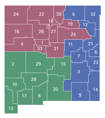 Map showing the counties of New Mexico, numbered to match the numbered counties in the county list on this page.